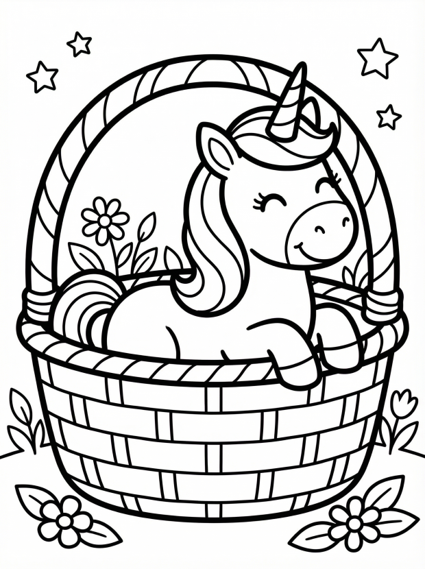 Free printable coloring page showing a tiny unicorn sitting in a woven basket, perfect for kids to practice coloring and hand control