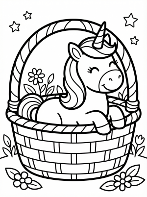 Tiny Unicorn in Basket coloring page