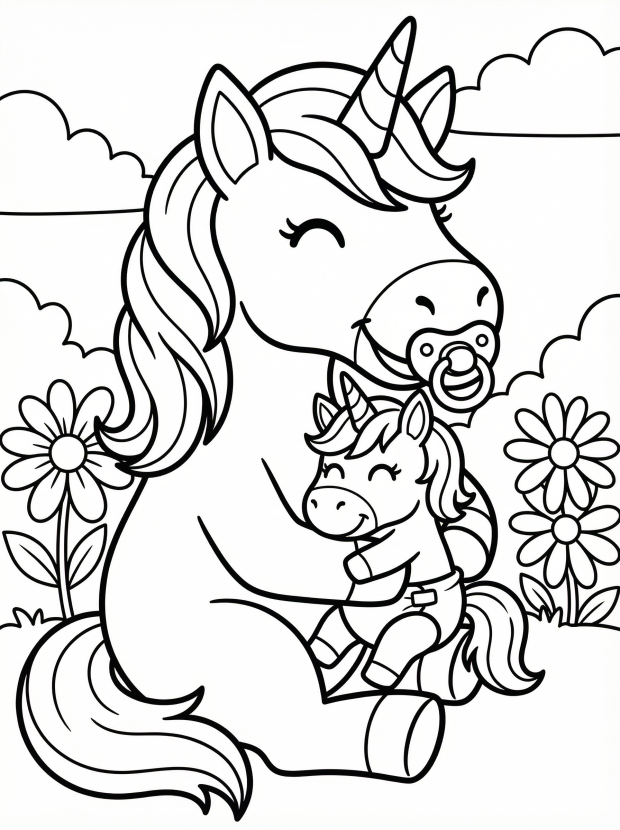 Free printable coloring page showing a tiny unicorn with a pacifier in a parent hug, perfect for kids to practice color recognition and fine motor skills