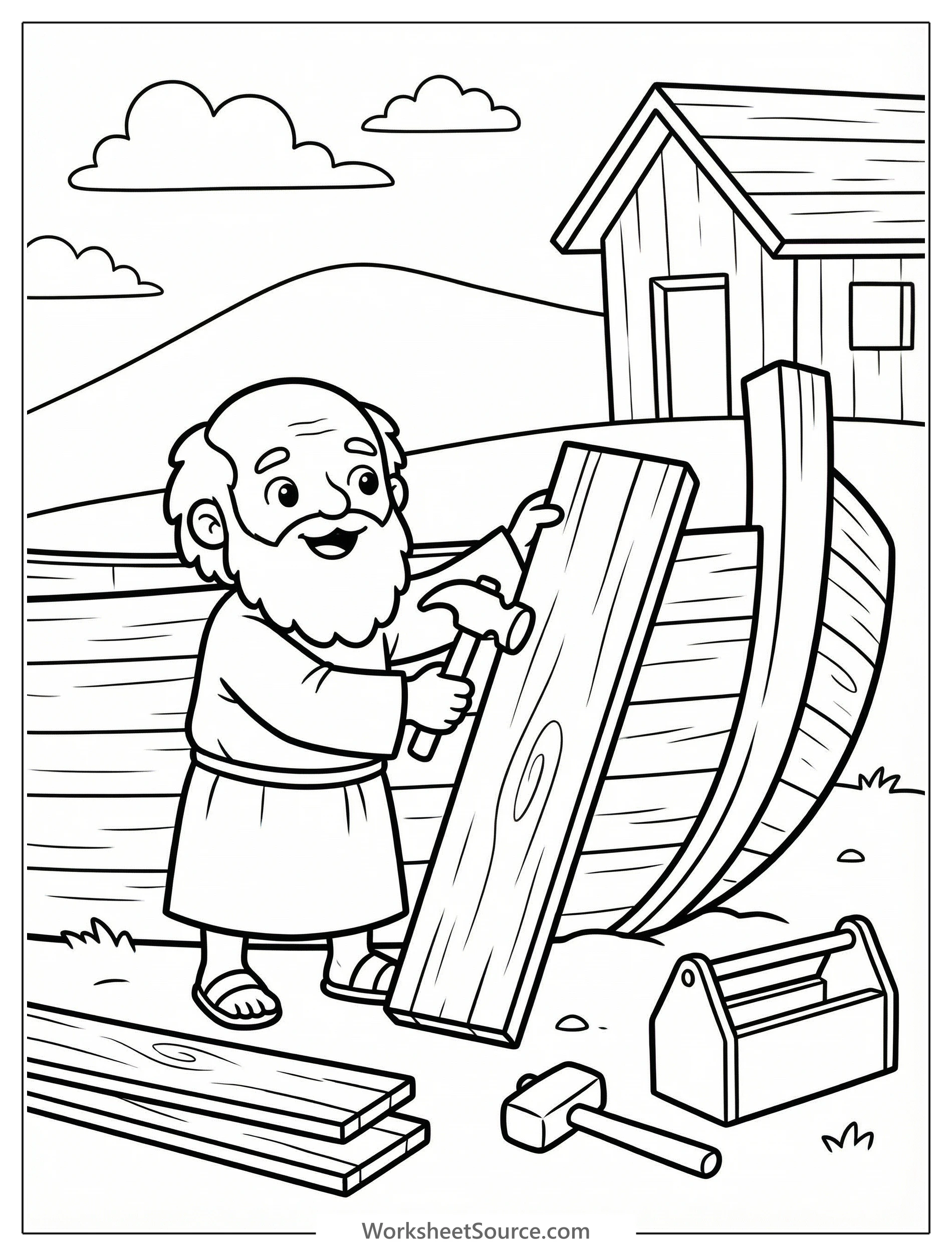 A man, Noah, works diligently on a large wooden ark. He holds a hammer, striking a wooden plank as other planks lie nearby, ready for construction.