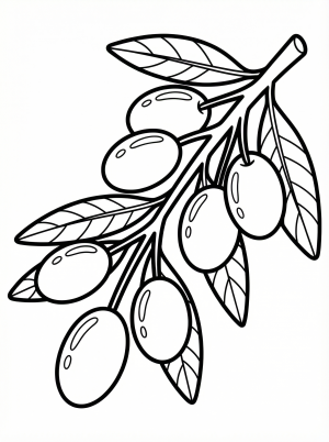 Highly detailed olive branch illustration featuring numerous textured leaves and perfectly rounded olives. Elegant botanical design.