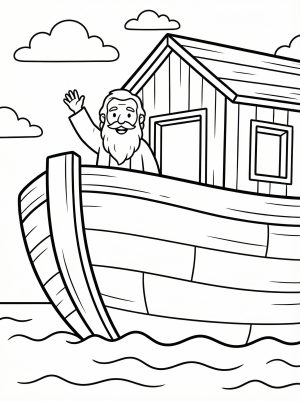 Noah waving from the deck of the big wooden ark coloring page for kids - black and white line art ready to print and color