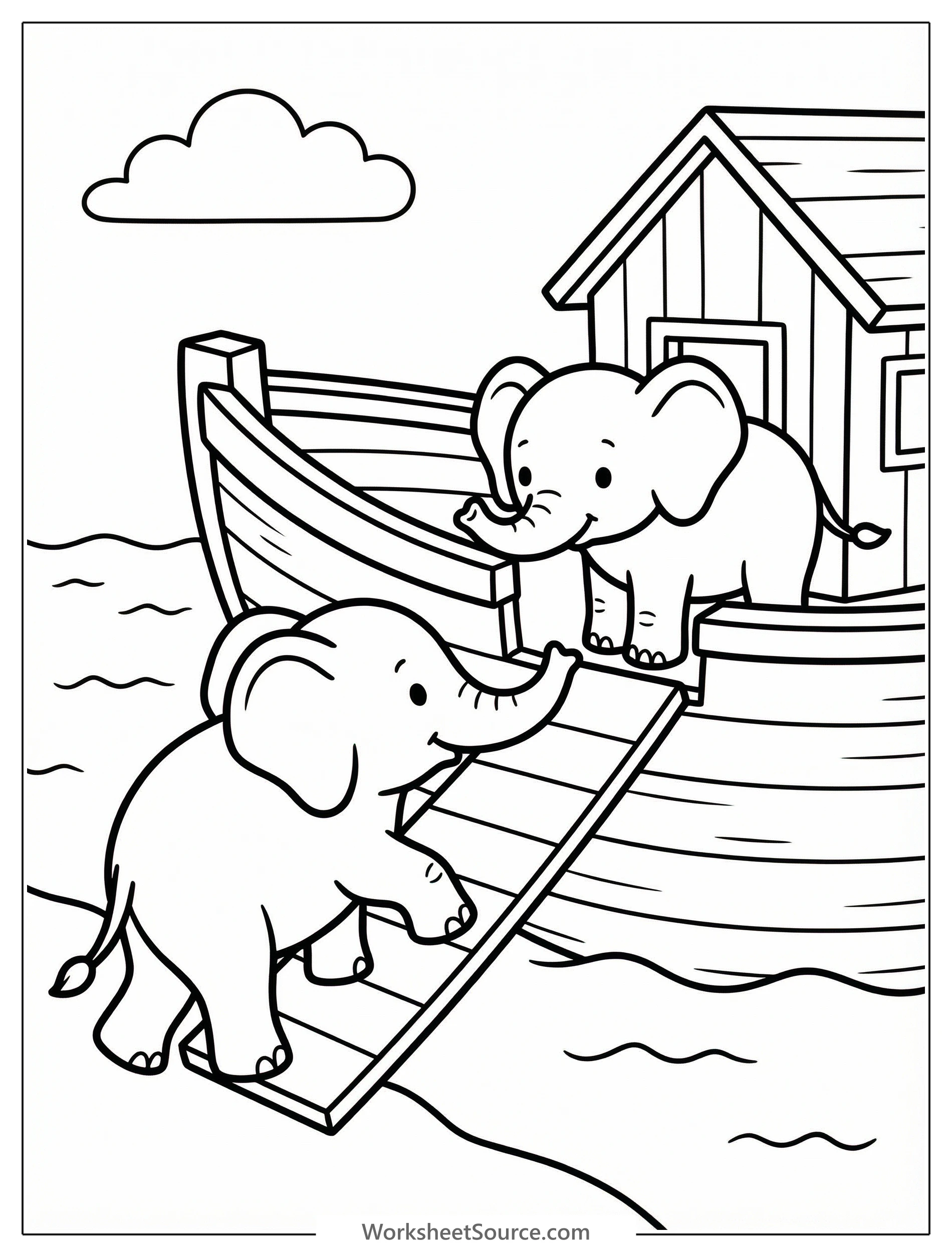 Two cute cartoon elephants, one light gray and one slightly darker, joyfully boarding a large wooden boat on a blue wavy water. A classic Noah's Ark scene.