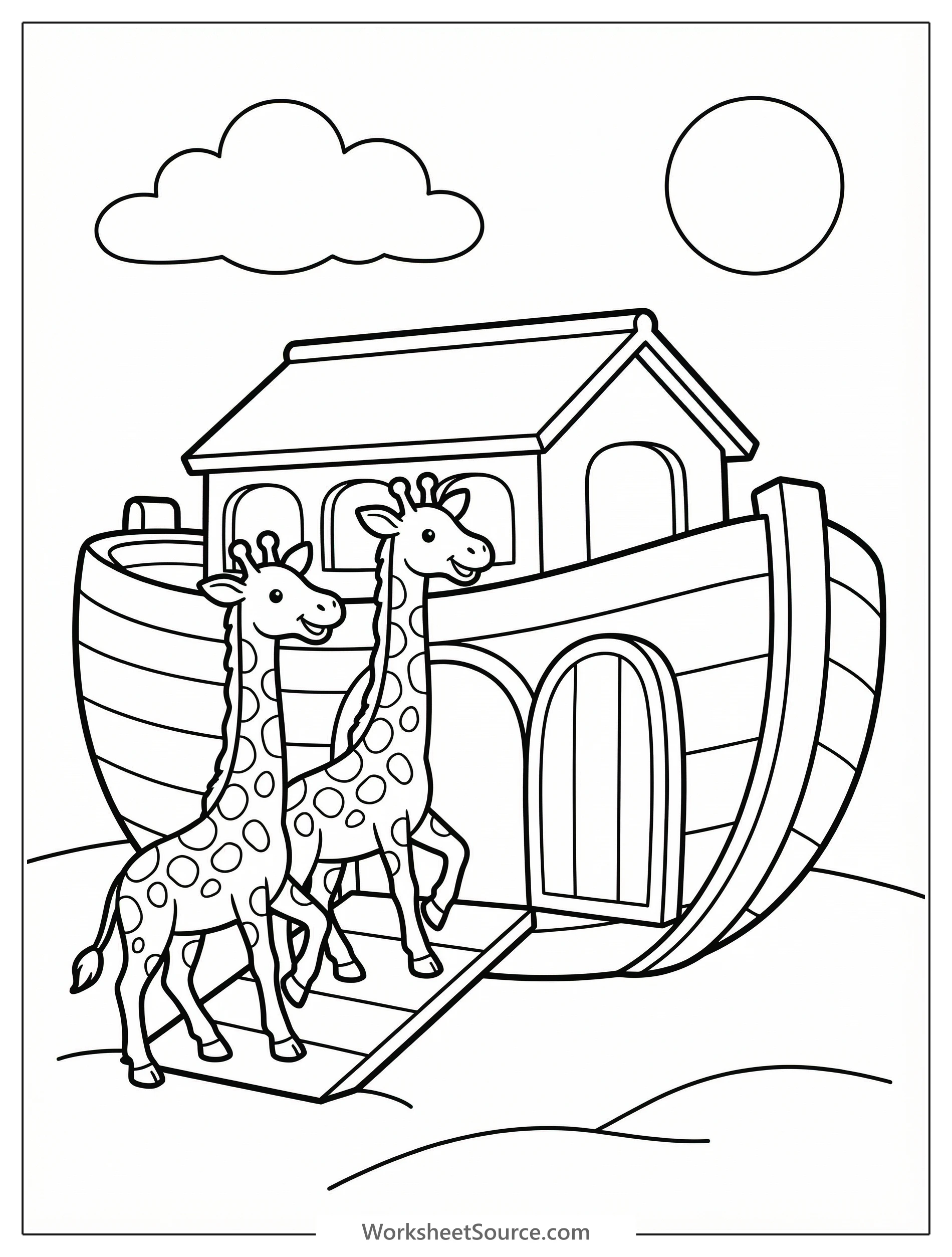 Outline drawing for coloring, depicting two tall, smiling giraffes with spotted patterns, walking side by side into the wide open large door of Noah's Ark. The Ark is detailed with large wooden planks