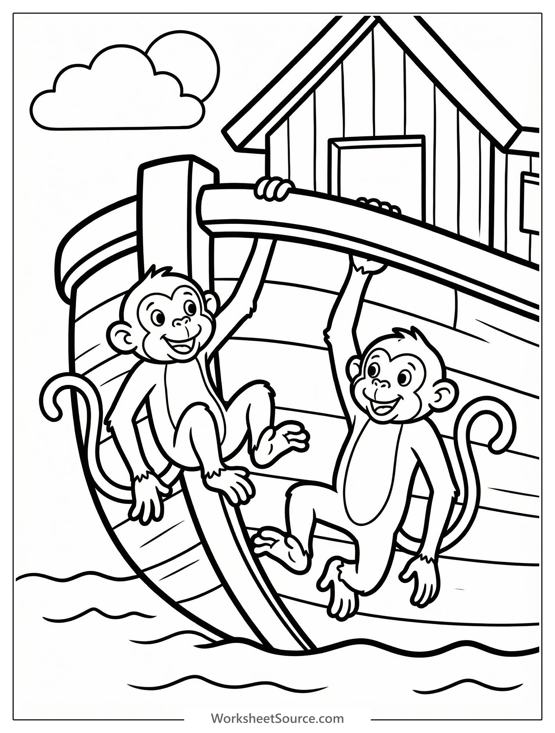 Two cheerful monkeys swinging playfully on the railings of Noah's Ark, with waves visible below, ready for vibrant colors.