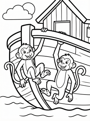 Two cheerful monkeys swinging playfully on the railings of Noah's Ark, with waves visible below, ready for vibrant colors.