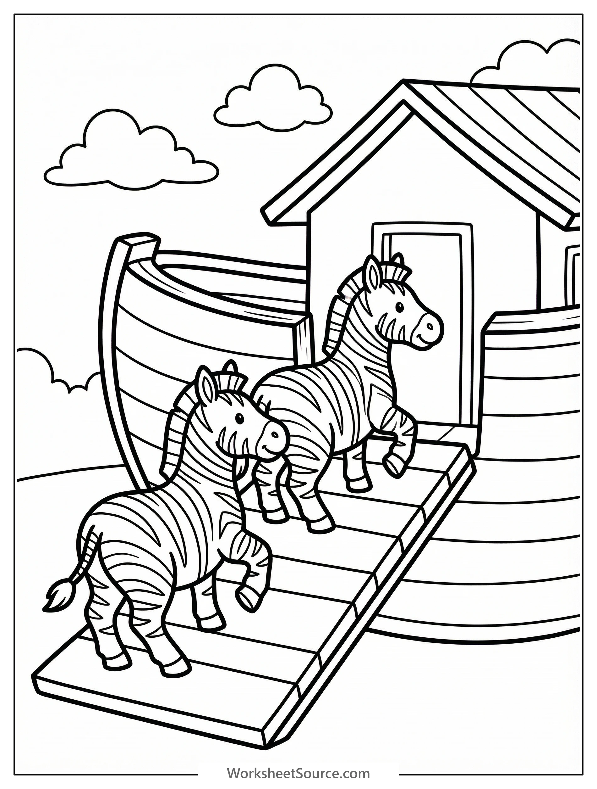 Two zebras walking up the wooden ramp into the ark coloring page for kids - black and white line art ready to print and color