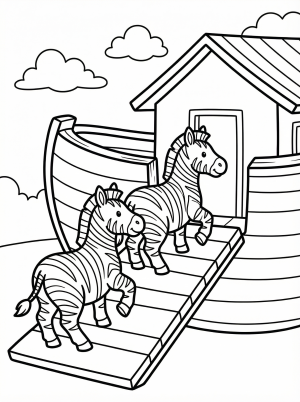 Two zebras walking up the wooden ramp into the ark coloring page for kids - black and white line art ready to print and color