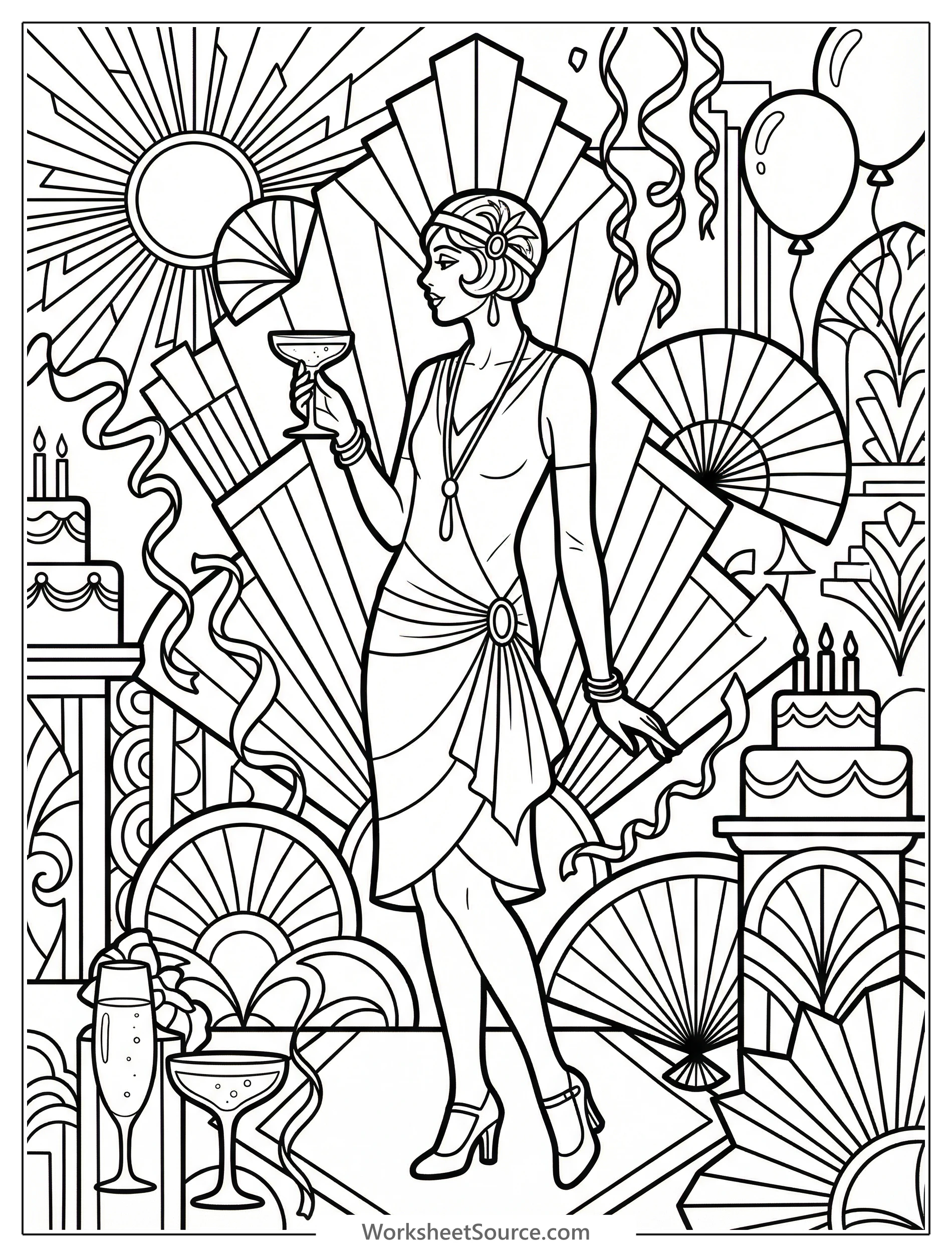 Art Deco birthday celebration coloring page featuring geometric patterns, elegant champagne glasses, a tiered cake, and stylized 1920s inspired decorations.