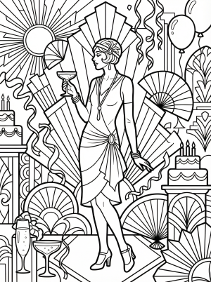 Art Deco birthday celebration coloring page featuring geometric patterns, elegant champagne glasses, a tiered cake, and stylized 1920s inspired decorations.