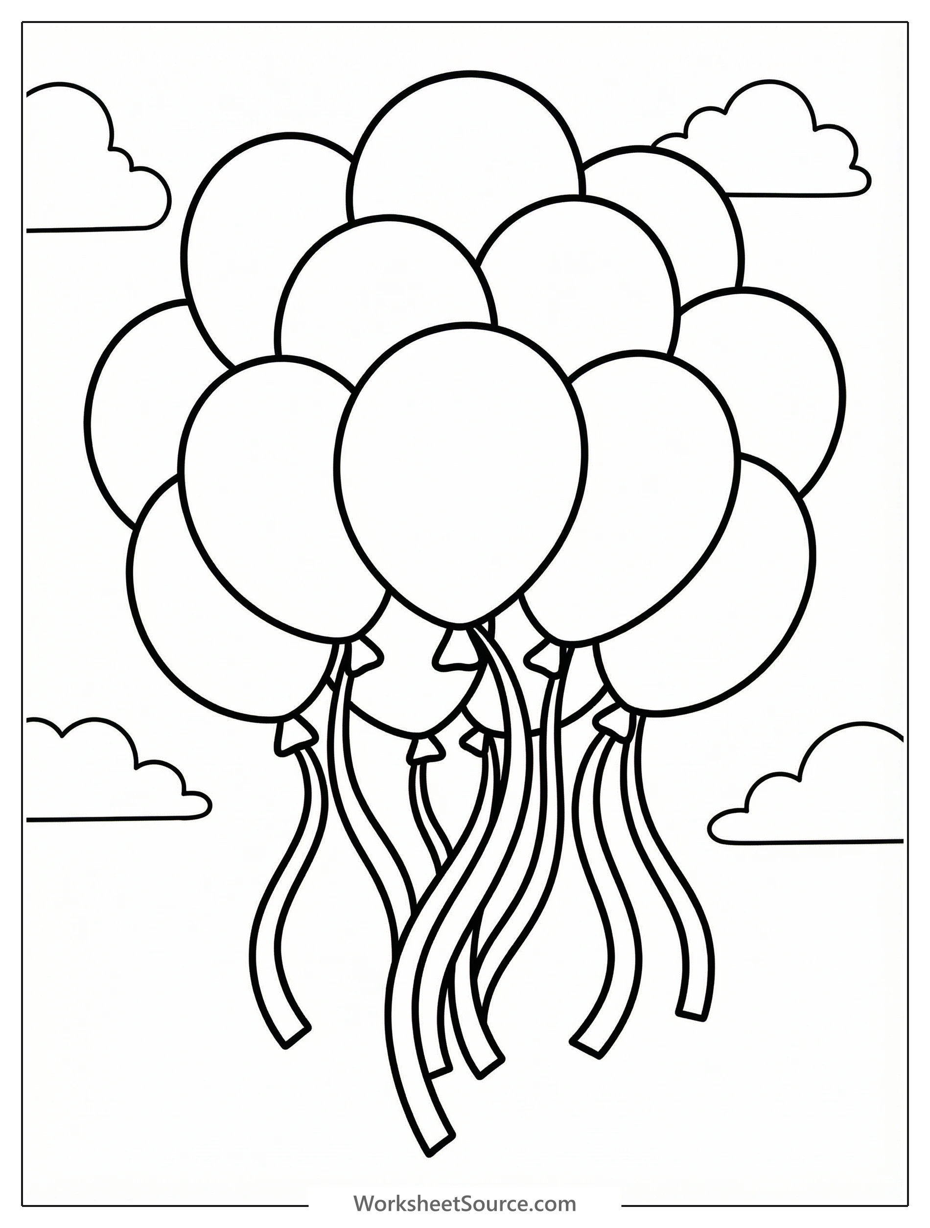 Illustration of a cheerful bunch of birthday balloons with long, flowing ribbons, floating together against a blank background, ready for coloring.