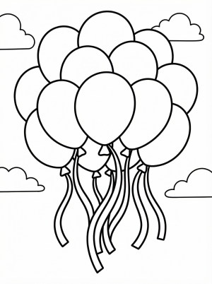 Illustration of a cheerful bunch of birthday balloons with long, flowing ribbons, floating together against a blank background, ready for coloring.