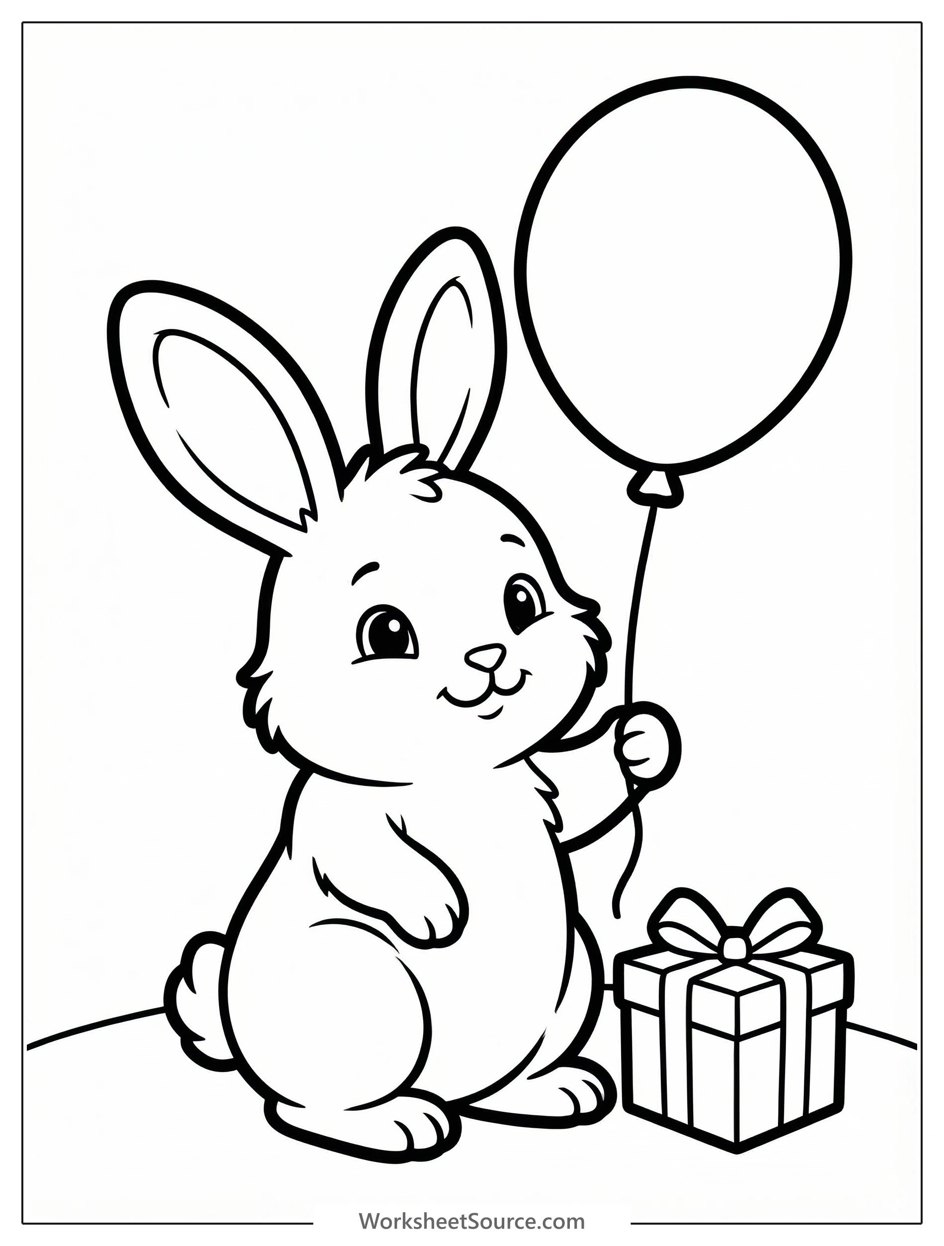 A happy fluffy white bunny rabbit holds a red birthday balloon, sitting next to a colorful wrapped present with a bow on the ground, ready to celebrate.