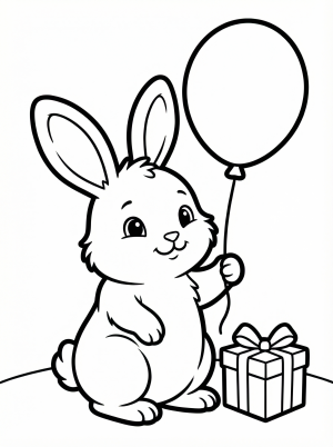 A happy fluffy white bunny rabbit holds a red birthday balloon, sitting next to a colorful wrapped present with a bow on the ground, ready to celebrate.
