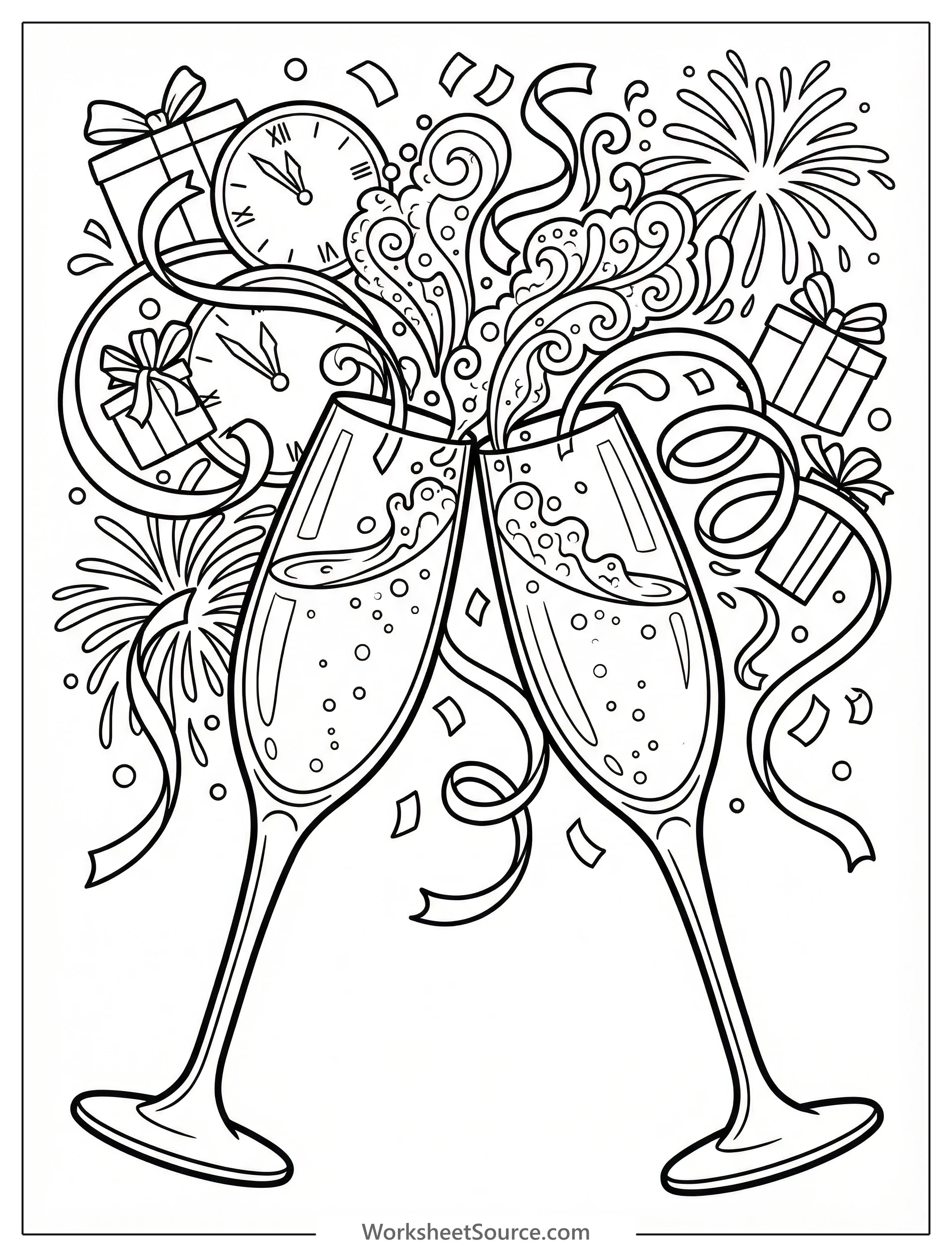 Two elegant champagne flutes clinking in a celebratory toast, with detailed effervescent bubbles, flowing decorative ribbons, and sophisticated celebration elements.