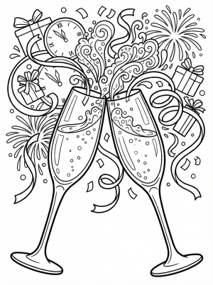 Two elegant champagne flutes clinking in a celebratory toast, with detailed effervescent bubbles, flowing decorative ribbons, and sophisticated celebration elements.