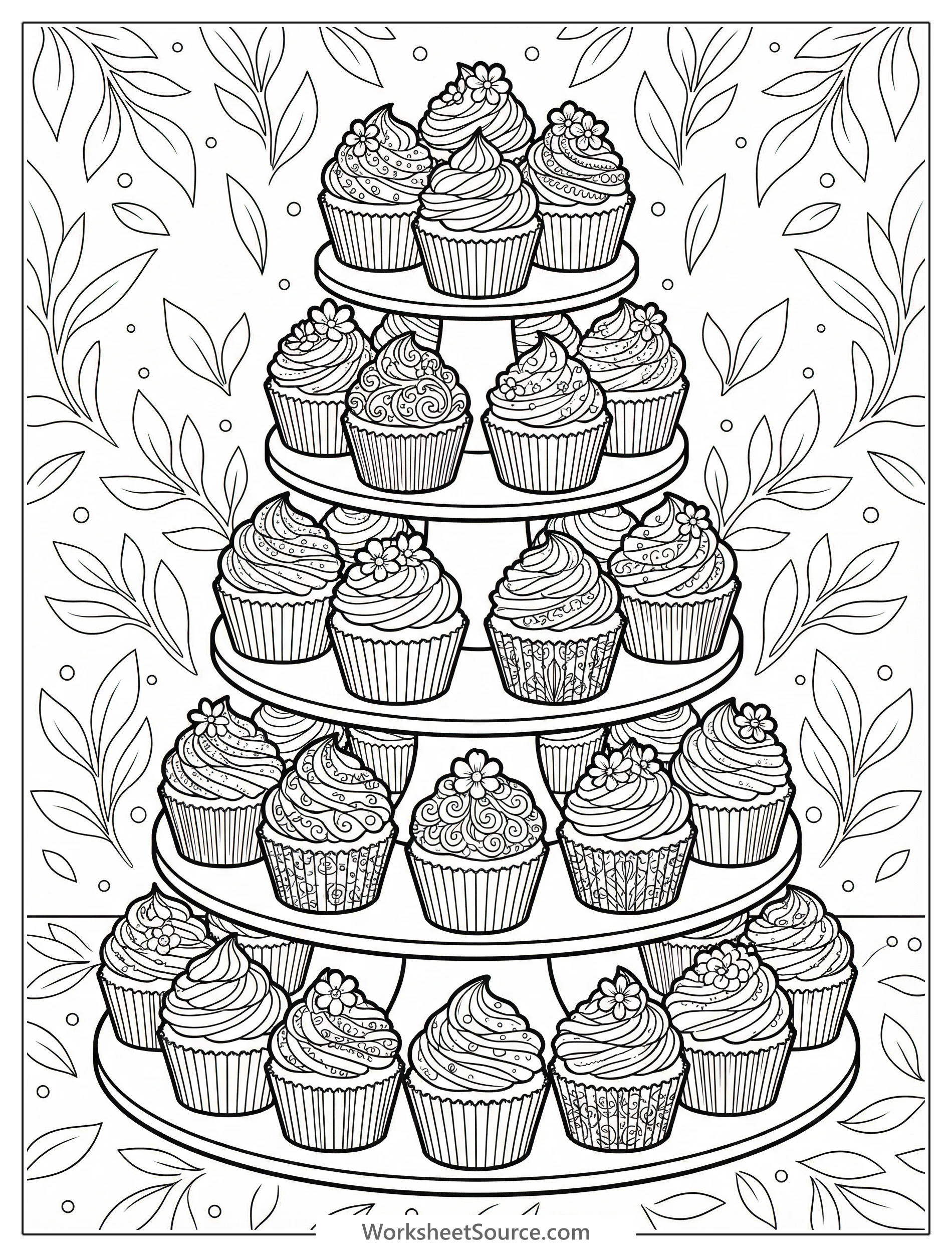 Highly detailed tiered cupcake tower with multiple cupcakes, each featuring unique intricate frosting designs, sprinkles, and decorative toppers, ready for coloring.