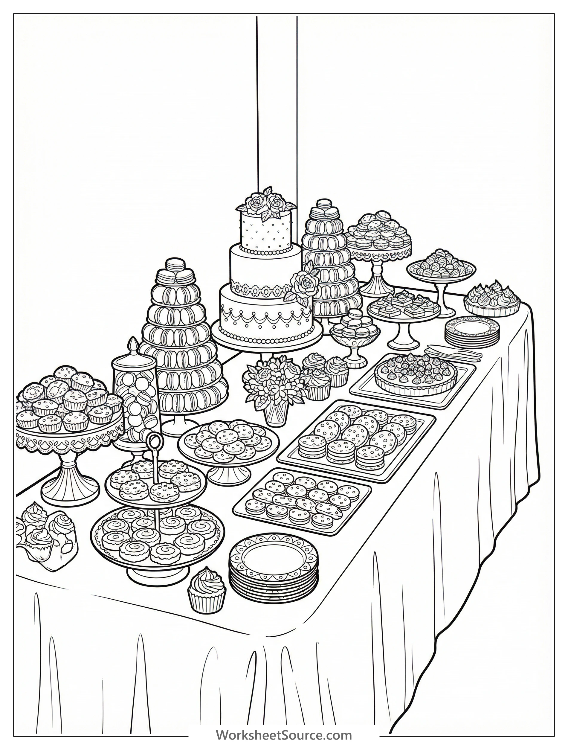 Detailed coloring page of an elaborate dessert table with tiered cakes, ornate macarons, decorated cookies, cupcakes, and assorted treats arranged for a festive celebration.