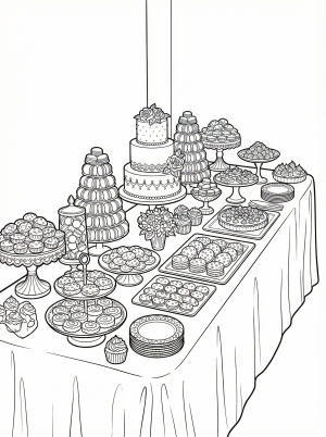 Detailed coloring page of an elaborate dessert table with tiered cakes, ornate macarons, decorated cookies, cupcakes, and assorted treats arranged for a festive celebration.