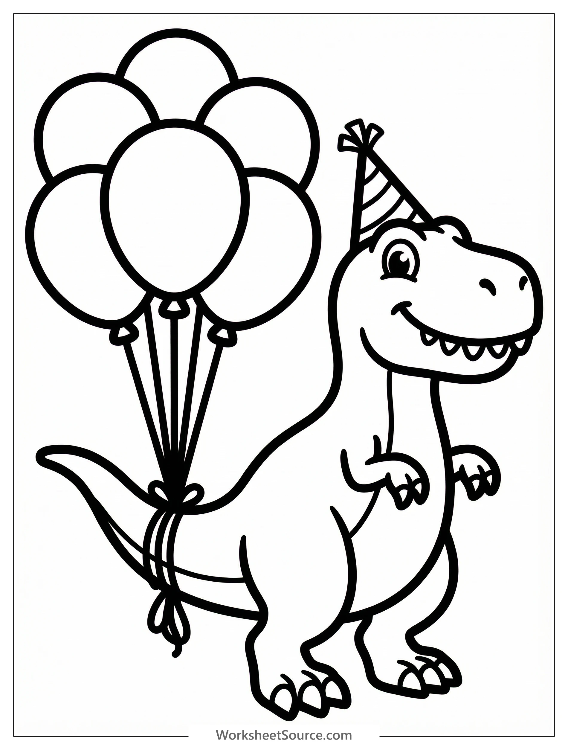 A friendly, happy dinosaur wearing a party hat smiles, with several balloons tied to its tail, ready for a birthday celebration.