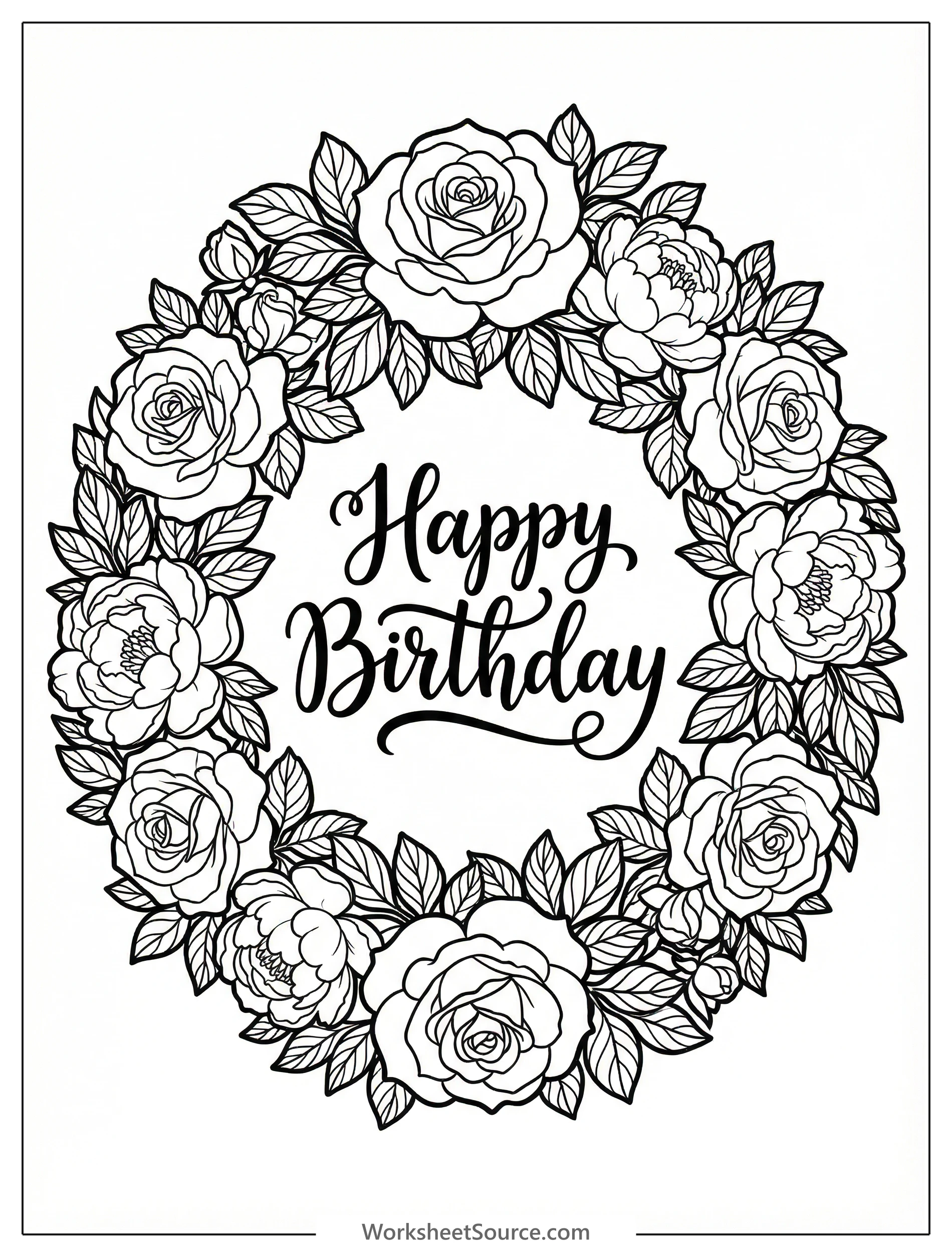 Intricate circular floral wreath featuring blooming roses, elegant peonies, and delicate leaves around 'Happy Birthday' text in decorative script.