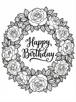 Intricate circular floral wreath featuring blooming roses, elegant peonies, and delicate leaves around 'Happy Birthday' text in decorative script.