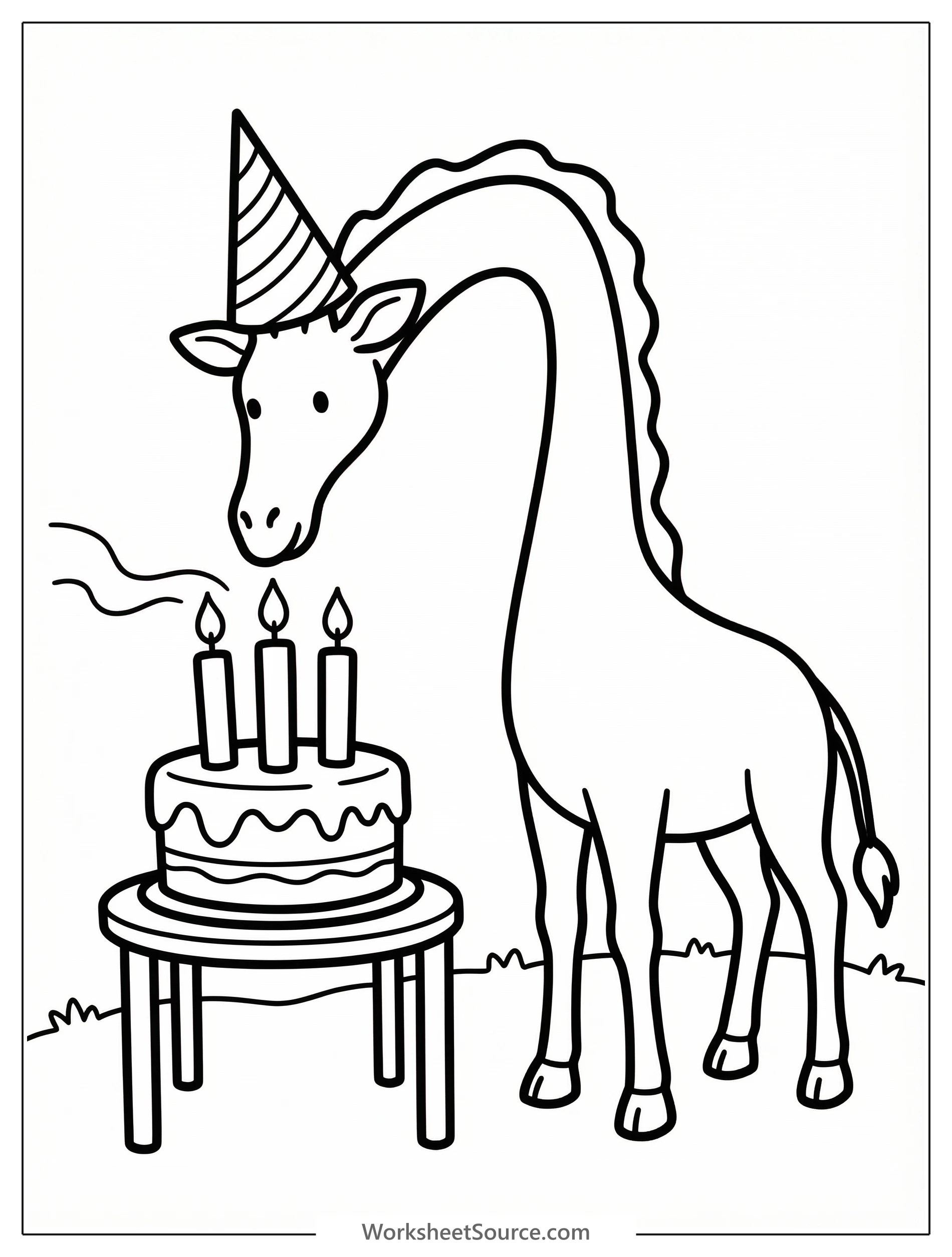 Tall giraffe wearing a festive party hat, bending down to gently blow out candles on a tiered birthday cake with balloons in the background.
