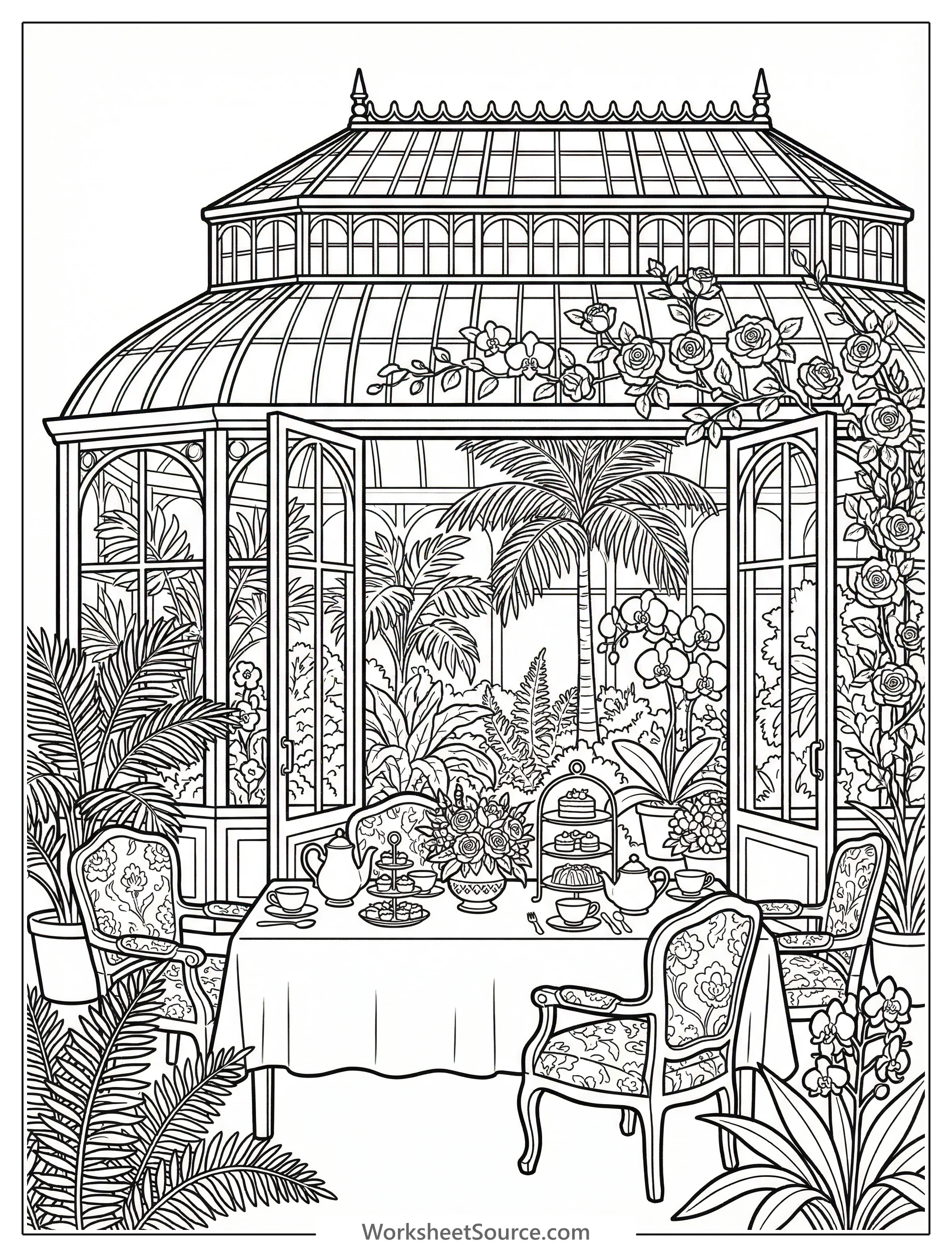 Detailed Victorian greenhouse coloring page featuring exotic plants, lush flowers, and an elegant birthday tea party with delicate china and ornate furniture.