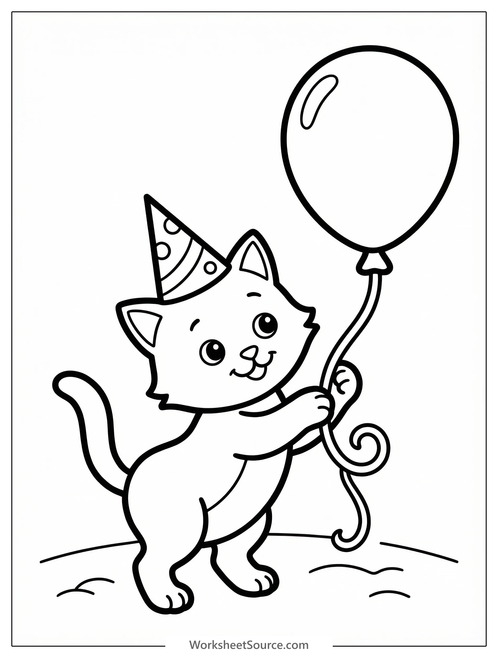 An adorable cartoon kitten wearing a pointy birthday party hat, sitting upright and playfully batting at a balloon string with one paw.