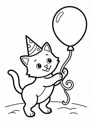 An adorable cartoon kitten wearing a pointy birthday party hat, sitting upright and playfully batting at a balloon string with one paw.