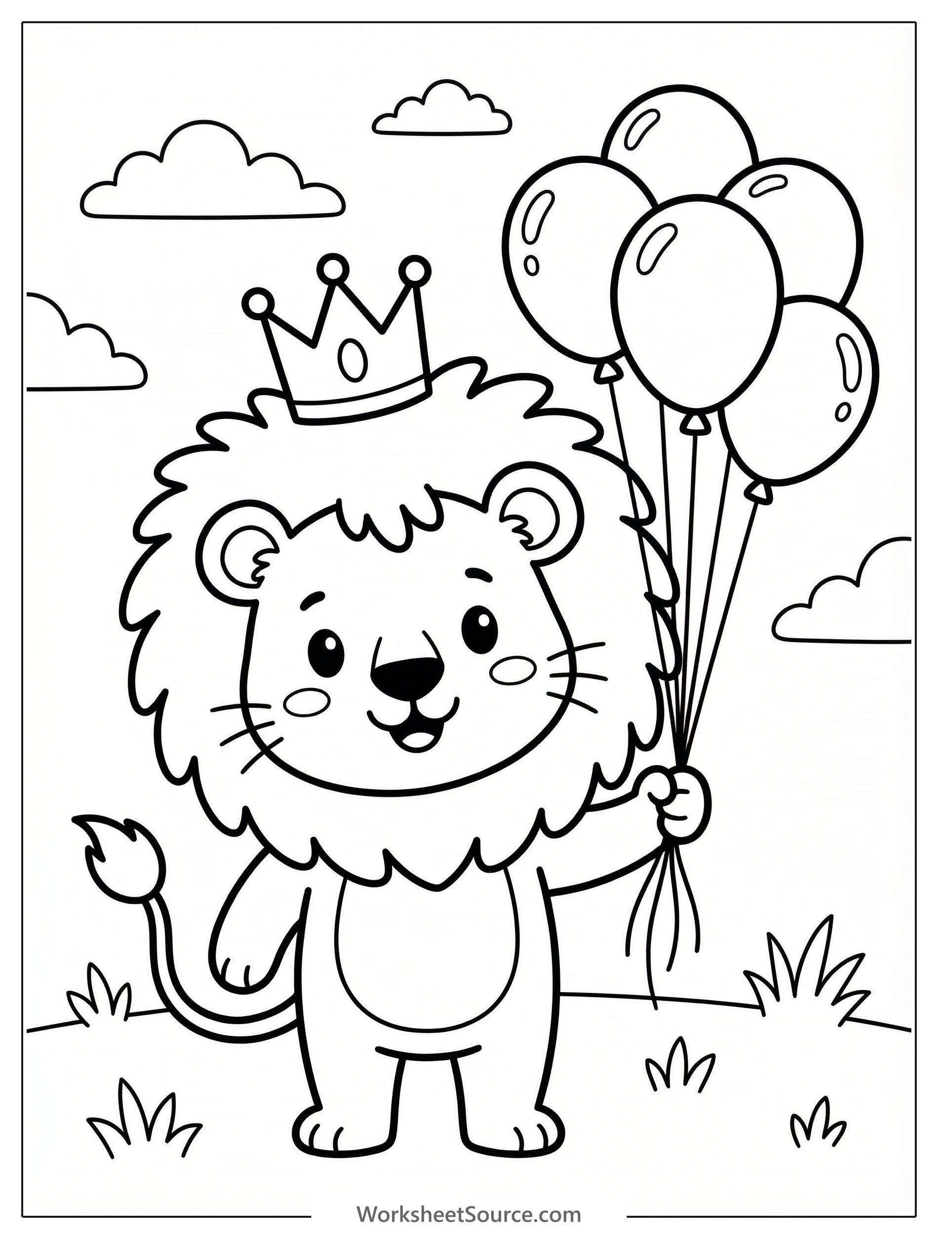 A joyous lion cub, depicted with a fluffy mane, proudly wears a festive birthday crown, surrounded by colorful balloons, ready for a celebration.