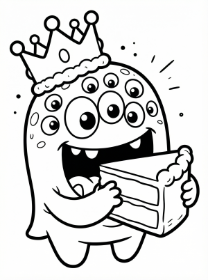 A friendly, silly monster with many eyes, wearing a festive birthday crown, happily eating a slice of birthday cake with candles.