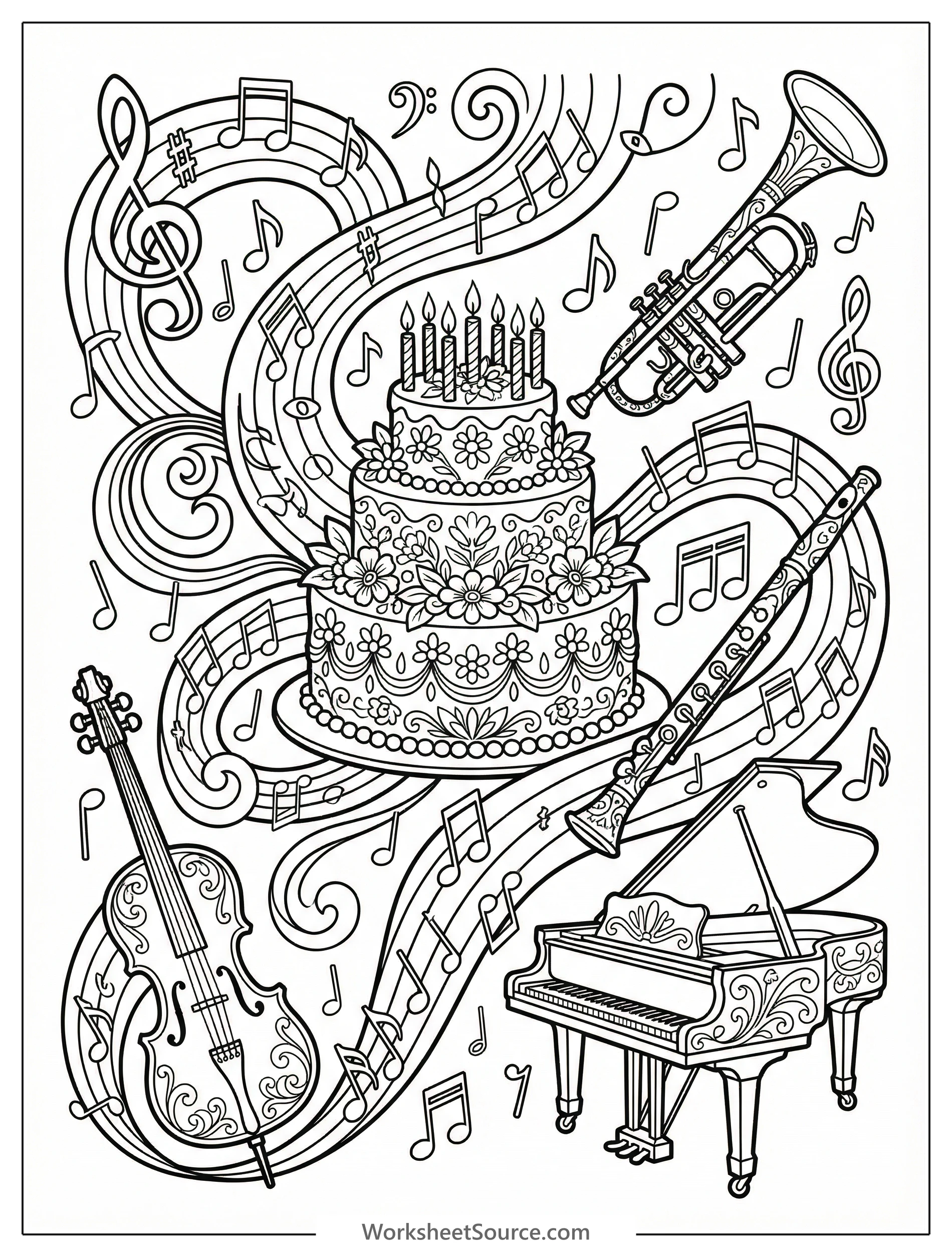 Intricate musical birthday scene with ornate instruments, a decorated multi tiered birthday cake, floating musical notes, and festive party details for coloring.