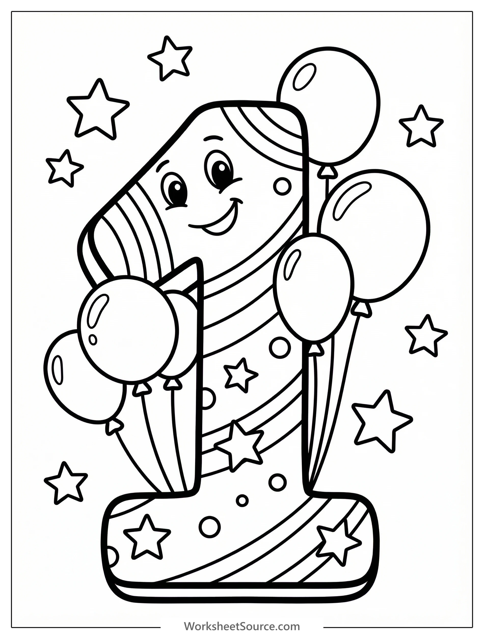 Outline drawing of a large decorative number one, adorned with balloons, confetti, and stars, ready for coloring.