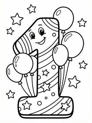 Outline drawing of a large decorative number one, adorned with balloons, confetti, and stars, ready for coloring.