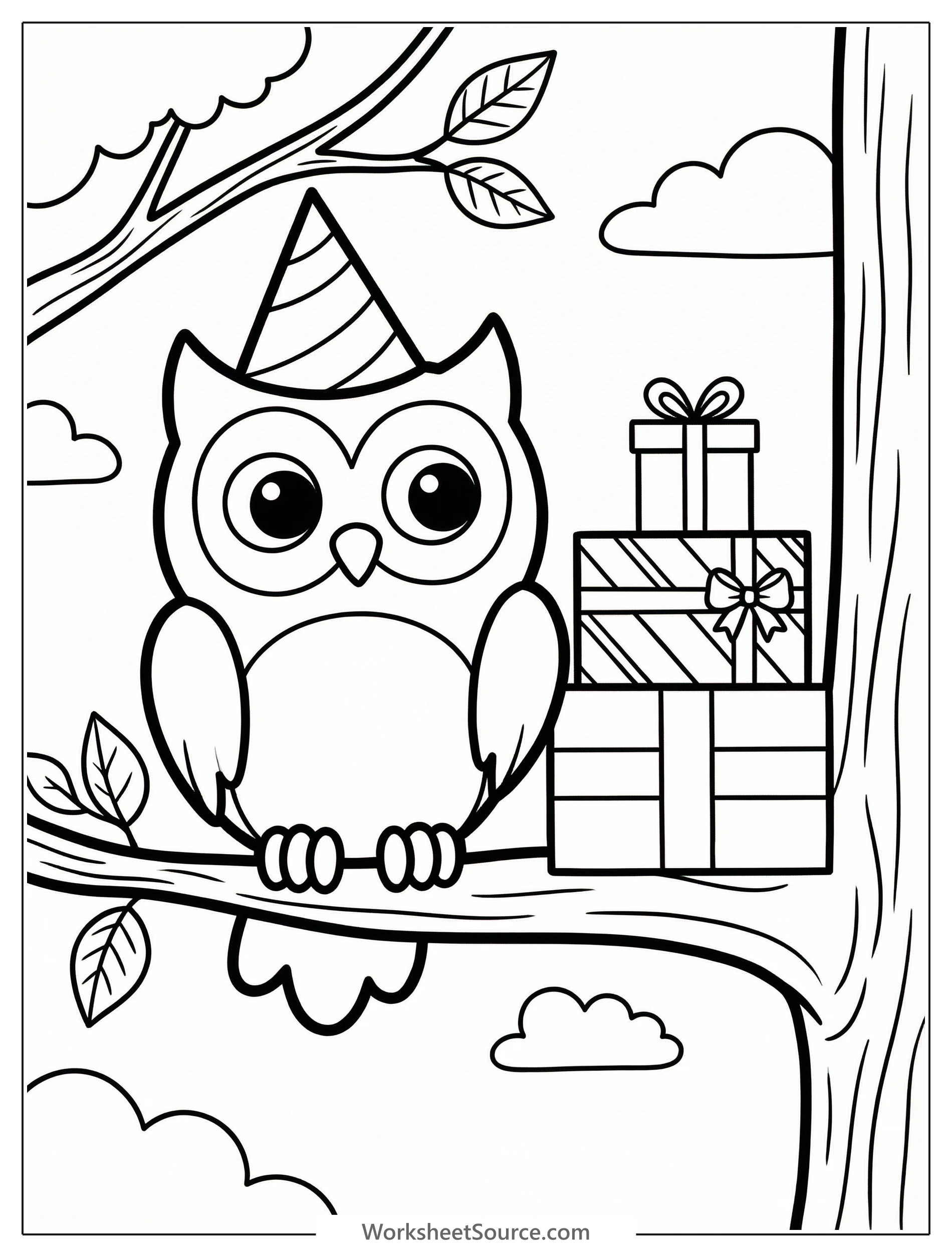 A wise old owl with large eyes wears a colorful striped birthday party hat, perched on a tree branch alongside wrapped gift presents.