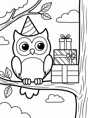 A wise old owl with large eyes wears a colorful striped birthday party hat, perched on a tree branch alongside wrapped gift presents.