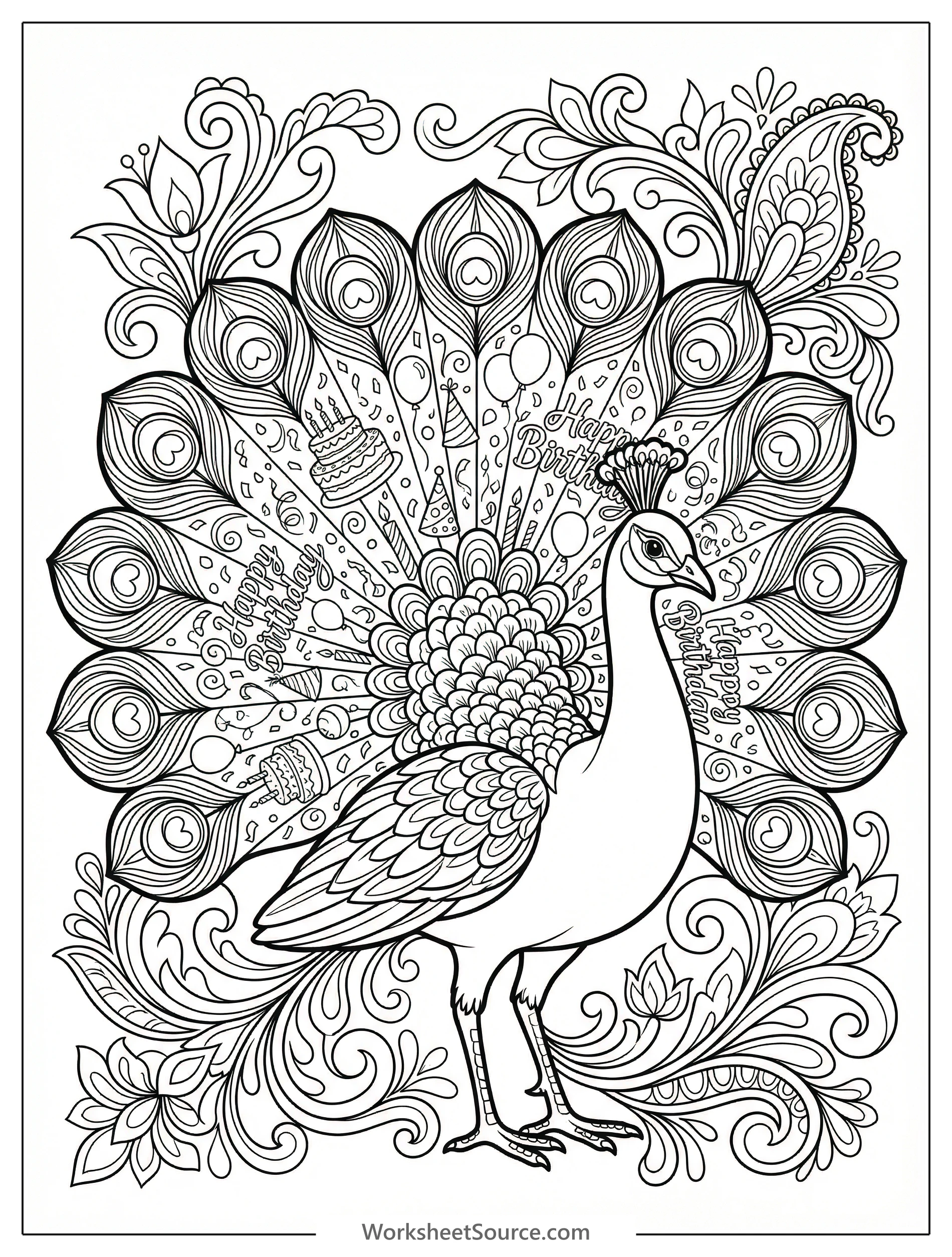 A majestic peacock with an elaborate tail spread, featuring intricate birthday themed patterns like balloons and confetti in its feather eyes.