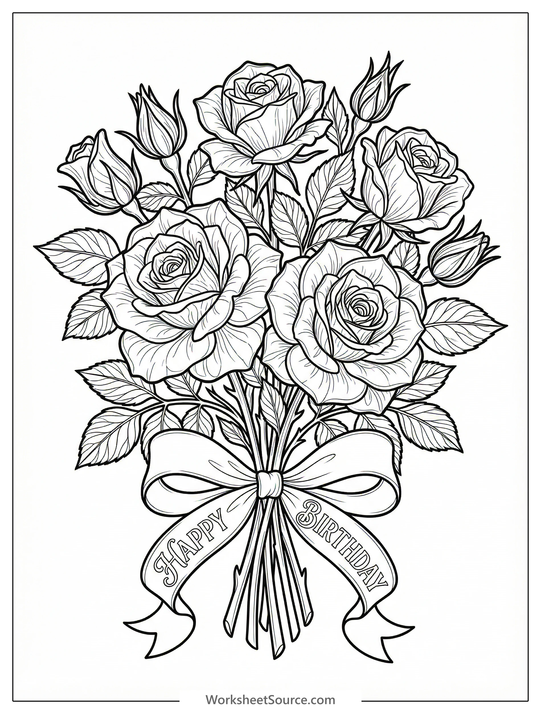 Highly detailed realistic rose bouquet coloring page featuring numerous intricate roses, lush leaves, and an elegant 'Happy Birthday' ribbon bow.