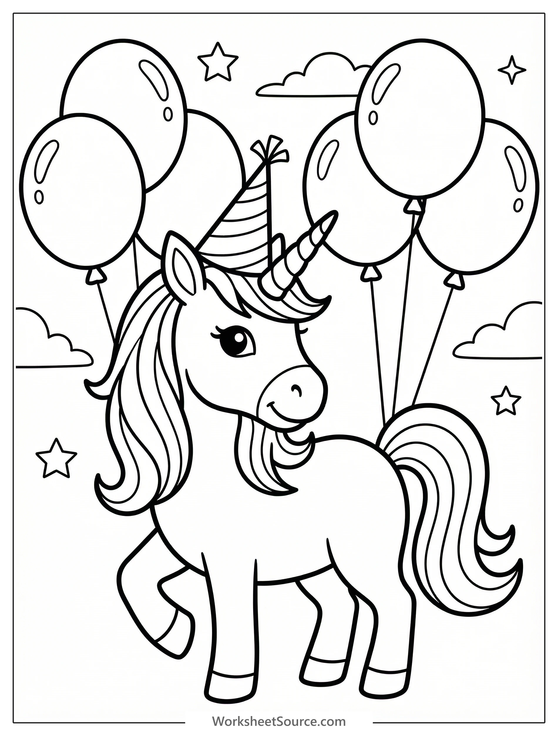 Line art illustration of a cheerful unicorn wearing a festive birthday party hat, surrounded by balloons and stars, ready for coloring.