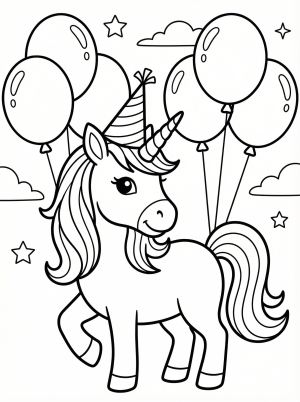 Line art illustration of a cheerful unicorn wearing a festive birthday party hat, surrounded by balloons and stars, ready for coloring.