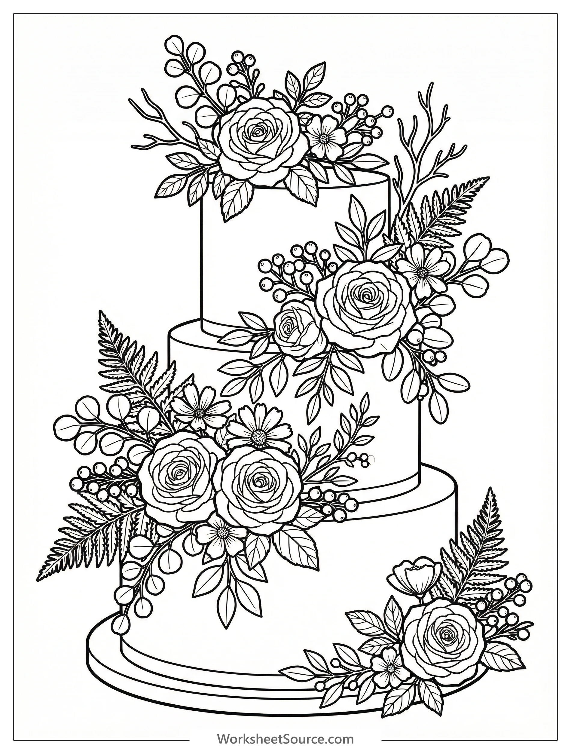 A highly detailed birthday cake adorned with intricate botanical flowers, leaves, and natural elements, presented for adult and teen coloring.