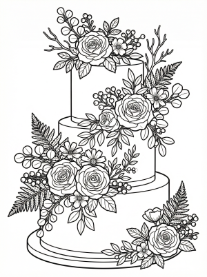 A highly detailed birthday cake adorned with intricate botanical flowers, leaves, and natural elements, presented for adult and teen coloring.