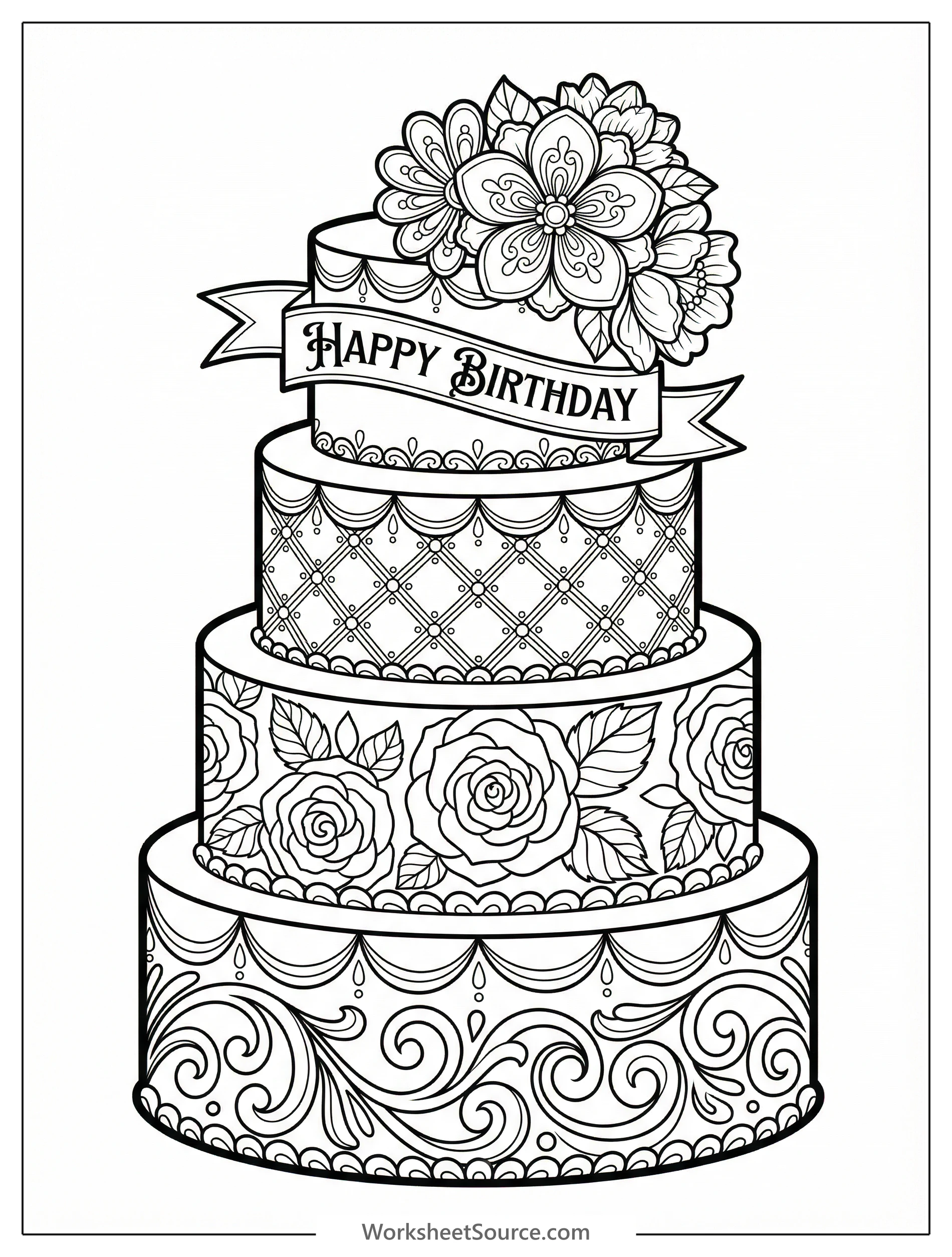 An uncolored outline of a grand multi tiered birthday cake with elegant floral decorations, delicate piped icing, and ornate detailing, ready for artistic coloring.