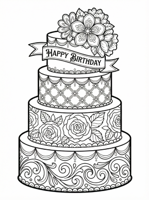 An uncolored outline of a grand multi tiered birthday cake with elegant floral decorations, delicate piped icing, and ornate detailing, ready for artistic coloring.