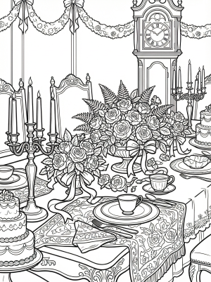 A highly detailed vintage Victorian era birthday party scene featuring an ornate table set with elaborate floral arrangements, antique decorations, and celebratory treats, ready for intricate coloring