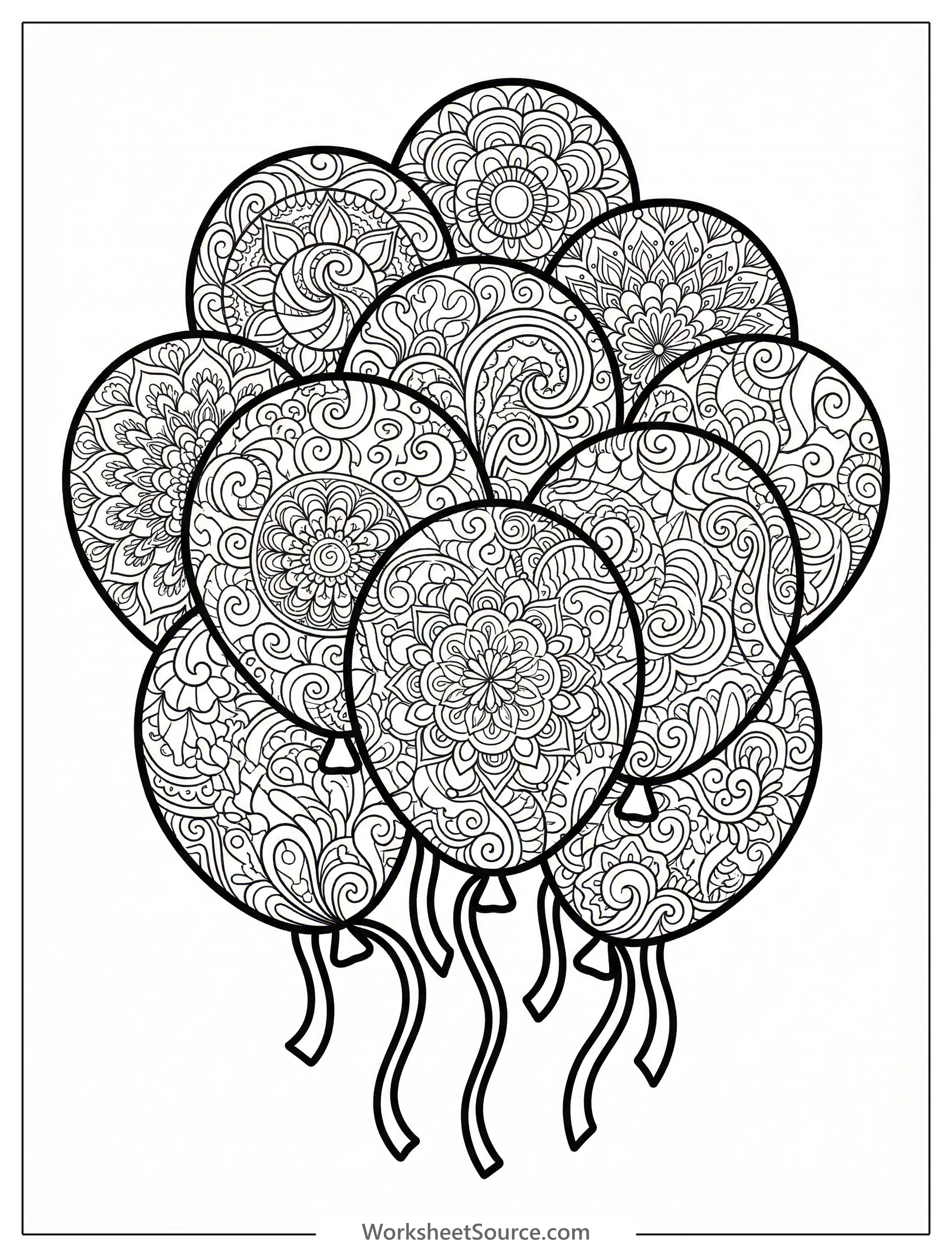 Intricate coloring page featuring multiple birthday balloons filled with detailed Zentangle patterns, complex doodles, and swirling line art.