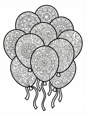 Intricate coloring page featuring multiple birthday balloons filled with detailed Zentangle patterns, complex doodles, and swirling line art.
