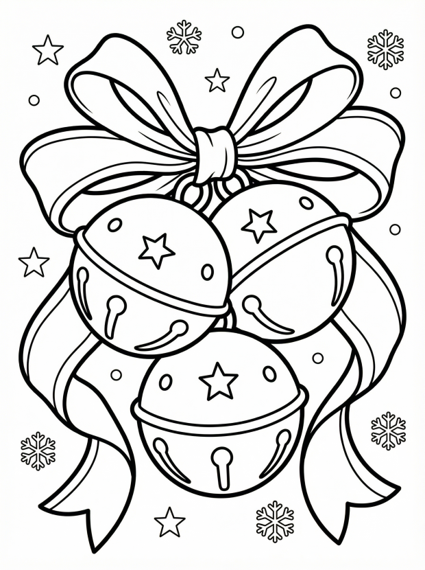 Free printable coloring page showing three jingle bells tied with a big ribbon and snowflakes, perfect for kids to practice coloring and fine motor skills