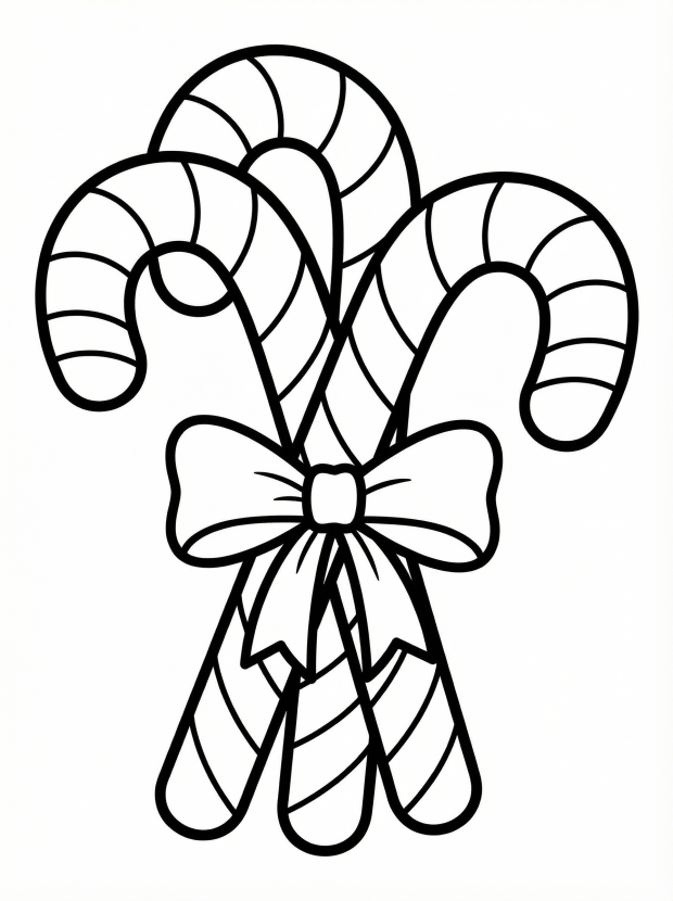 Free printable coloring page showing three striped candy canes tied with a bow, perfect for kids to practice coloring and fine motor skills